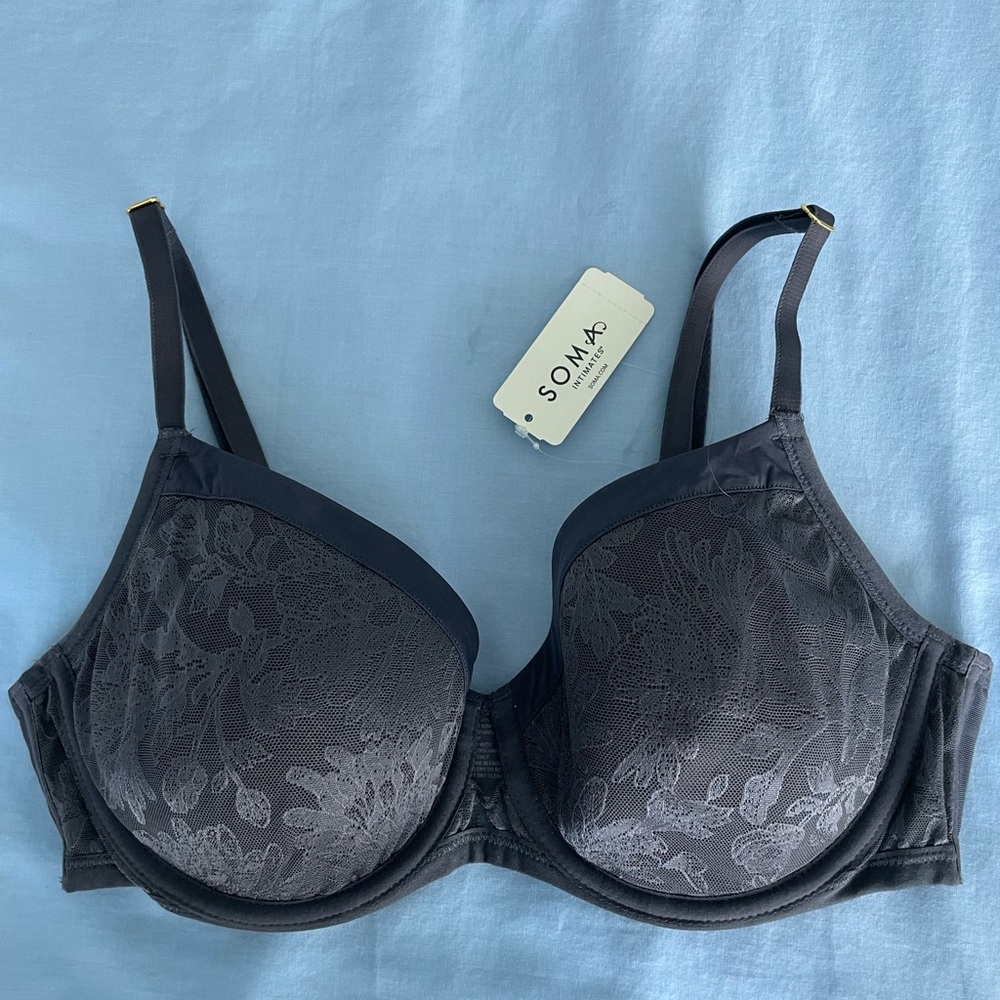 COPY - SOMA Womens Bra Lightest Lift Modern Coverage gray ink Lace Mesh Underwi…